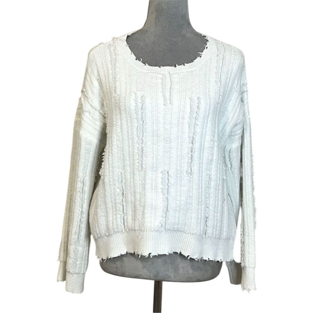 Storia Ivory Frayed Trim Knit Pullover Sweater L Fall Winter Cottagecore